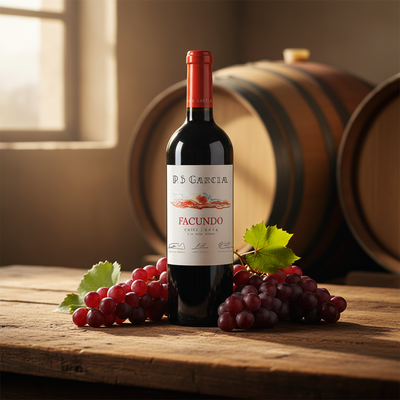 PS García Facundo Premium - Vino Tinto Premium en mesa rústica con uvas frescas